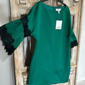 Badgley Mischka Green Dress with Black Lace Sleeves